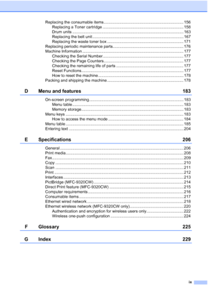 Page 11
ix
Replacing the consumable items ....................................................................... 156Replacing a Toner cartridge ........................................................................ 158
Drum units ................................................................................................... 163
Replacing the belt unit ................................................................................. 167
Replacing the waste toner box...