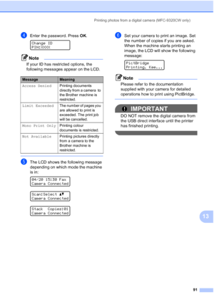 Page 103
Printing photos from a digital camera (MFC-9320CW only)91
13
dEnter the password. Press OK. 
Change ID
PIN:XXXX
Note
If your ID has restricted options, the 
following messages appear on the LCD.
 
eThe LCD shows the following message 
depending on which mode the machine 
is in:
 
04/20 15:30 Fax
Camera Connected
 
Scan:Select ab
Camera Connected
 
Stack Copies:01
Camera Connected
fSet your camera to print an image. Set 
the number of copies if you are asked.
When the machine starts printing an 
image,...