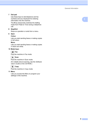 Page 21
General information9
1
7DialpadUse these keys to dial telephone and fax 
numbers and as a keyboard for entering 
information into the machine.
The  # key temporarily switches the dialling 
mode from Pulse to Tone during a telephone 
call.
8Stop/Exit Stops an operation or exits from a menu.
9Start: Colour
Lets you start sending faxes or making copies 
in full colour.
Mono
Lets you start sending faxes or making copies 
in black and white.
10 Mode keys:
Fax
Puts the machine in Fax mode.
Scan
Puts the...