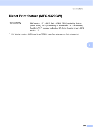 Page 227Specifications
215
E
Direct Print feature (MFC-9320CW)E
1PDF data that includes a JBIG2 image file, a JPEG2000 image file or a transparency file is not supported.
Compatibility
PDF version 1.71, JPEG, Exif + JPEG, PRN (created by Brother 
printer driver), TIFF (scanned by all Brother MFC or DCP models), 
PostScript
®3™ (created by Brother BR-Script 3 printer driver), XPS 
version 1.0.
 