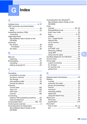 Page 241Index
229
G
G
A
Address book ...................................... 8, 57
ADF (automatic document feeder)
faxing
 .................................................... 36
using
 ..................................................... 22
Answering machine (TAD)
connecting
 ............................................ 53
Apple Macintosh
See Software User’s Guide on the 
CD-ROM.
Automatic
fax receive
 ............................................ 45
Fax Detect
 ......................................... 47
fax...