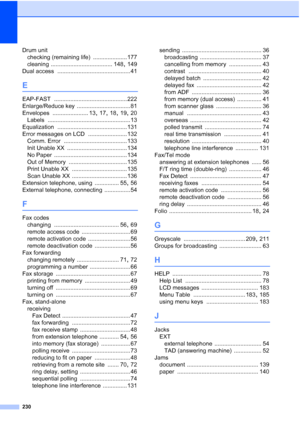Page 242230
Drum unit
checking (remaining life)
 ..................... 177
cleaning
 ...................................... 148, 149
Dual access
 ............................................. 41
E
EAP-FAST ............................................. 222
Enlarge/Reduce key
 ................................. 81
Envelopes
 ...................... 13, 17, 18, 19, 20
Labels
 ................................................... 13
Equalization
 ........................................... 131
Error messages on LCD...