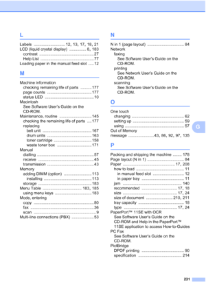 Page 243231
G
L
Labels ............................ 12, 13, 17, 18, 21
LCD (liquid crystal display)
 ............... 8, 183
contrast
 ................................................. 27
Help List
 ................................................ 77
Loading paper in the manual feed slot
 ..... 12
M
Machine information
checking remaining life of parts
 .......... 177
page counts
 ........................................ 177
status LED
 ............................................ 10
Macintosh
See Software User’s...