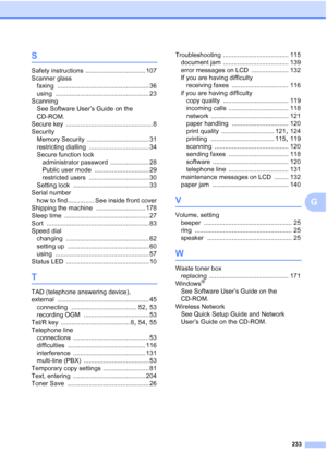 Page 245233
G
S
Safety instructions .................................. 107
Scanner glass
faxing
 .................................................... 36
using
 ..................................................... 23
Scanning
See Software User’s Guide on the 
CD-ROM.
Secure key
 ................................................. 8
Security
Memory Security
 ................................... 31
restricting dialling
 .................................. 34
Secure function lock
administrator password...