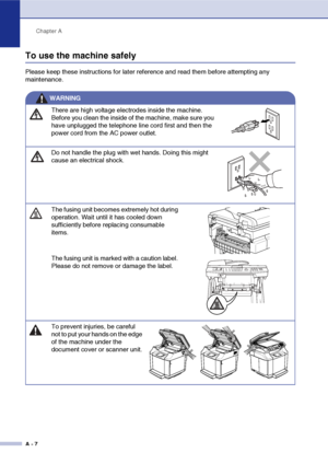 Page 107Chapter A
A - 7
To use the machine safely
Please keep these instructions for later reference and read them before attempting any 
maintenance.
WARNING
There are high voltage electrodes inside the machine. 
Before you clean the inside of the machine, make sure you 
have unplugged the telephone line cord first and then the 
power cord from the AC power outlet.
Do not handle the plug with wet hands. Doing this might 
cause an electrical shock.
The fusing unit becomes extremely hot during 
operation. Wait...