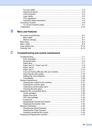 Page 15xiii
For your safety.............................................................................................. A-3
Disconnect device ........................................................................................ A-3
LAN connection ............................................................................................ A-3
Laser safety .................................................................................................. A-3
FDA regulations...