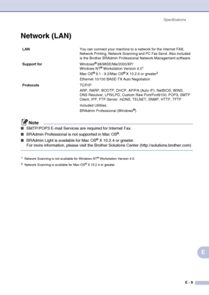 Page 182Specifications
E - 9
E
Network (LAN)
Note
■SMTP/POP3 E-mail Services are required for Internet Fax.
■BRAdmin Professional is not supported in Mac OS®.
■BRAdmin Light is available for Mac OS® X 10.2.4 or greater. 
For more information, please visit the Brother Solutions Center (http://solutions.brother.com)
LANYou can connect your machine to a network for the Internet FAX, 
Network Printing, Network Scanning and PC Fax Send. Also included 
is the Brother BRAdmin Professional Network Management software....