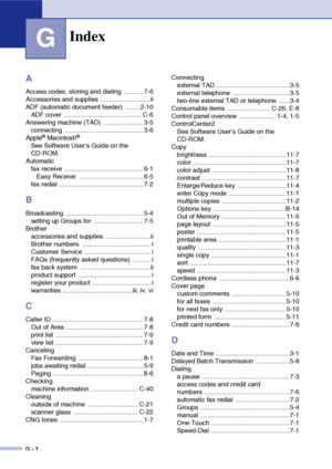 Page 187G - 1
G
A
Access codes, storing and dialing  ........... 7-6
Accessories and supplies ............................ii
ADF (automatic document feeder)  ........ 2-10
ADF cover  ........................................... C-6
Answering machine (TAD)  ...................... 3-5
connecting ............................................ 3-6
Apple
® Macintosh®
See Software User’s Guide on the 
CD-ROM.
Automatic
fax receive  ............................................ 6-1
Easy Receive...