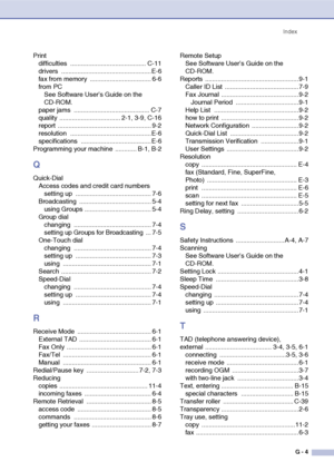 Page 190Index
G - 4
Print
difficulties .......................................... C-11
drivers ..................................................E-6
fax from memory  .................................. 6-6
from PC
See Software User’s Guide on the 
CD-ROM.
paper jams  .......................................... C-7
quality .................................. 2-1, 3-9, C-16
report .................................................... 9-2
resolution .............................................E-6
specifications...