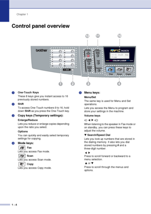 Page 21Chapter 1
1 - 4
Control panel overview
03/01 15:25  Fax
Sleep
1 One-Touch Keys
These 8 keys give you instant access to 16 
previously stored numbers.
2 Shift
To access One-Touch numbers 9 to 16, hold 
down Shift as you press the One-Touch key.
3 Copy keys (Temporary settings):
 
Enlarge/Reduce
Lets you reduce or enlarge copies depending 
upon the ratio you select.
 Options
You can quickly and easily select temporary 
settings for copying.
4 Mode keys:
 Fax
Lets you access Fax mode.
 Scan
Lets you access...