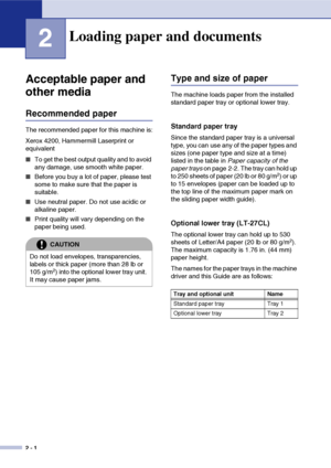 Page 252 - 1
2
Acceptable paper and 
other media
Recommended paper
The recommended paper for this machine is:
Xerox 4200, Hammermill Laserprint or 
equivalent
■To get the best output quality and to avoid 
any damage, use smooth white paper.
■Before you buy a lot of paper, please test 
some to make sure that the paper is 
suitable.
■Use neutral paper. Do not use acidic or 
alkaline paper.
■Print quality will vary depending on the 
paper being used.
Type and size of paper
The machine loads paper from the...