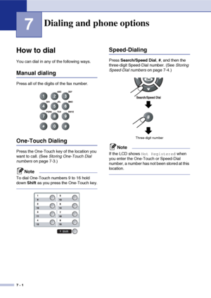 Page 697 - 1
7
How to dial
You can dial in any of the following ways.
Manual dialing
Press all of the digits of the fax number.
One-Touch Dialing
Press the One-Touch key of the location you 
want to call. (See Storing One-Touch Dial 
numbers on page 7-3.)
Note
To dial One-Touch numbers 9 to 16 hold 
down Shift as you press the One-Touch key.
Speed-Dialing
Press Search/Speed Dial, #, and then the 
three-digit Speed-Dial number. (See Storing 
Speed-Dial numbers on page 7-4.)
Note
If the LCD shows Not Registered...