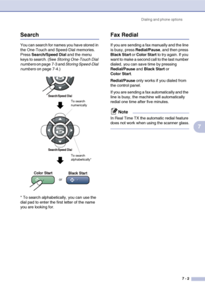 Page 70Dialing and phone options
7 - 2
7
Search
You can search for names you have stored in 
the One-Touch and Speed-Dial memories. 
Press Search/Speed Dial and the menu 
keys to search. (See Storing One-Touch Dial 
numbers on page 7-3 and Storing Speed-Dial 
numbers on page 7-4.)
* To search alphabetically, you can use the 
dial pad to enter the first letter of the name 
you are looking for.
Fax Redial
If you are sending a fax manually and the line 
is busy, press Redial/Pause, and then press 
Black Start or...