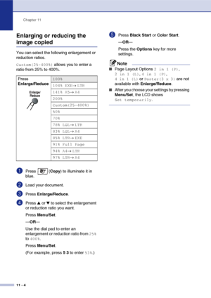 Page 93Chapter 11
11 - 4
Enlarging or reducing the 
image copied
You can select the following enlargement or 
reduction ratios.
Custom(25-400%) allows you to enter a 
ratio from 25% to 400%.
1Press (Copy) to illuminate it in 
blue.
2Load your document.
3Press Enlarge/Reduce.
4Press ▲ or ▼ to select the enlargement 
or reduction ratio you want.
Press Menu/Set.
—OR—
Use the dial pad to enter an 
enlargement or reduction ratio from 
25% 
to 
400%.
Press Menu/Set.
(For example, press 5 3 to enter 
53%.)
5Press...