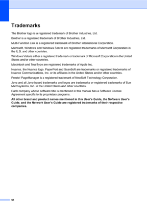 Page 10898
TrademarksA
The Brother logo is a registered trademark of Brother Industries, Ltd.
Brother is a registered trademark of Brother Industries, Ltd.
Multi-Function Link is a registered trademark of Brother International Corporation.
Microsoft, Windows and Windows Server are registered trademarks of Microsoft Corporation in 
the U.S. and other countries.
Windows Vista is either a registered trademark or trademark of Microsoft Corporation in the United 
States and/or other countries.
Macintosh and TrueType...