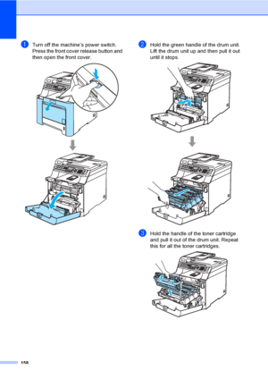 Page 168158
aTurn off the machine’s power switch. 
Press the front cover release button and 
then open the front cover.
 
bHold the green handle of the drum unit. 
Lift the drum unit up and then pull it out 
until it stops.
 
cHold the handle of the toner cartridge 
and pull it out of the drum unit. Repeat 
this for all the toner cartridges.
 
 