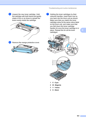 Page 171Troubleshooting and routine maintenance
161
C
eUnpack the new toner cartridge. Hold 
the cartridge with both hands and gently 
shake it five or six times to spread the 
toner evenly inside the cartridge.
 
fRemove the orange protective cover.  
gHolding the toner cartridges by their 
coloured handles, insert them one by 
one back into the drum unit as shown. 
Make sure that you match the toner 
cartridge colour to the same colour label 
on the drum unit, and make sure that 
you fold down the toner...