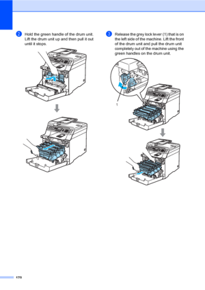 Page 180170
bHold the green handle of the drum unit. 
Lift the drum unit up and then pull it out 
until it stops.
 
cRelease the grey lock lever (1) that is on 
the left side of the machine. Lift the front 
of the drum unit and pull the drum unit 
completely out of the machine using the 
green handles on the drum unit.
 
1
 