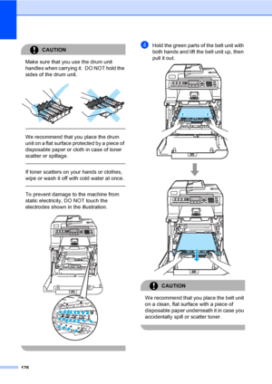 Page 186176
CAUTION 
Make sure that you use the drum unit 
handles when carrying it.  DO NOT hold the 
sides of the drum unit.
 
 
 
We recommend that you place the drum 
unit on a flat surface protected by a piece of 
disposable paper or cloth in case of toner 
scatter or spillage.
  
If toner scatters on your hands or clothes, 
wipe or wash it off with cold water at once.
  
To prevent damage to the machine from 
static electricity, DO NOT touch the 
electrodes shown in the illustration.
 
 
dHold the green...