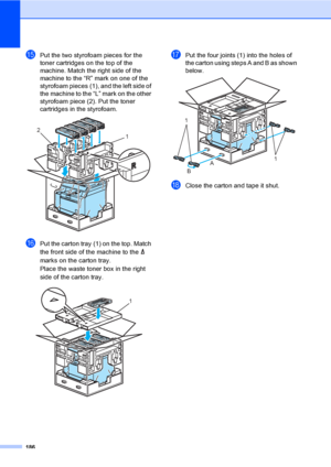 Page 196186
oPut the two styrofoam pieces for the 
toner cartridges on the top of the 
machine. Match the right side of the 
machine to the “R” mark on one of the 
styrofoam pieces (1), and the left side of 
the machine to the “L” mark on the other 
styrofoam piece (2). Put the toner 
cartridges in the styrofoam.
 
pPut the carton tray (1) on the top. Match 
the front side of the machine to the   
marks on the carton tray. 
Place the waste toner box in the right 
side of the carton tray.
 
qPut the four joints...