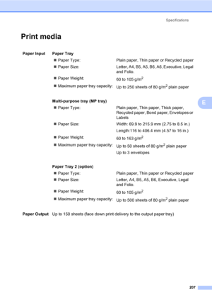 Page 217Specifications
207
E
Print mediaE
Paper Input  Paper Tray
„Paper Type: Plain paper, Thin paper or Recycled paper
„Paper  Size: Letter, A4, B5, A5, B6, A6, Executive, Legal 
and Folio.
„Paper Weight:
60 to 105 g/m
2
„Maximum paper tray capacity:
Up to 250 sheets of 80 g/m2 plain paper
Multi-purpose tray (MP tray)
„Paper Type: Plain paper, Thin paper, Thick paper, 
Recycled paper, Bond paper, Envelopes or 
Labels
„Paper Size: Width: 69.9 to 215.9 mm (2.75 to 8.5 in.)
Length:116 to 406.4 mm (4.57 to 16...