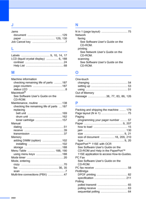 Page 232222
J
Jams
document
 ............................................129
paper
 .......................................... 129, 130
Job Cancel key
 ..........................................7
L
Labels .................................... 9, 10, 14, 17
LCD (liquid crystal display)
 ............... 6, 188
contrast
 .................................................24
Help List
 ................................................68
M
Machine information
checking remaining life of parts
 .......... 187
page...
