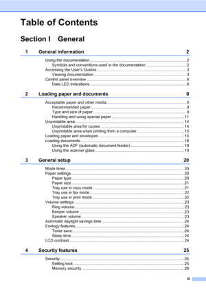 Page 5iii
Table of Contents
Section I General
1 General information 2
Using the documentation ....................................................................................... 2
Symbols and conventions used in the documentation .................................... 2
Accessing the User’s Guides................................................................................. 3
Viewing documentation ................................................................................... 3
Control panel overview...