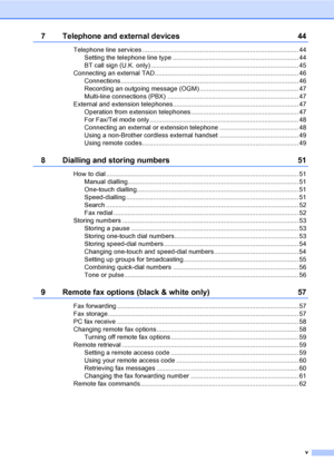 Page 7v
7 Telephone and external devices 44
Telephone line services ....................................................................................... 44
Setting the telephone line type ...................................................................... 44
BT call sign (U.K. only) .................................................................................. 45
Connecting an external TAD................................................................................ 46...