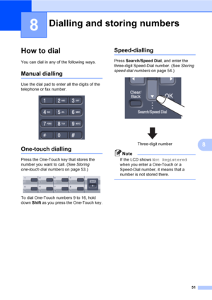 Page 6151
8
8
How to dial8
You can dial in any of the following ways.
Manual dialling8
Use the dial pad to enter all the digits of the 
telephone or fax number.
 
One-touch dialling8
Press the One-Touch key that stores the 
number you want to call. (See Storing 
one-touch dial numberson page 53.)
 
To dial One-Touch numbers 9 to 16, hold 
down Shift as you press the One-Touch key.
Speed-dialling8
Press Search/Speed Dial, and enter the 
three-digit Speed-Dial number. (See Storing 
speed-dial numberson page 54.)...