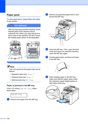 Page 140130
Paper jamsC
To clear paper jams, please follow the steps 
in this section.
HOT SURFACE 
After you have just used the machine, some 
internal parts of the machine will be 
extremely hot. When you open the front or 
back cover of the machine, DO NOT touch 
the shaded parts shown in the illustration.
 
 
Note
The LCD names for the paper trays are as 
follows:
• Standard paper tray: Tray 1
• Optional lower tray: Tray 2
• Multi-purpose tray: MP Tray
 
Paper is jammed in the MP trayC
If the LCD shows Jam...