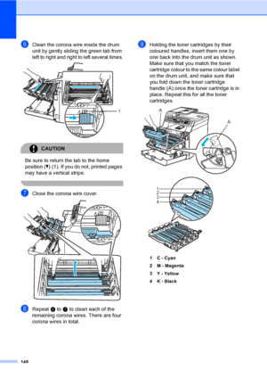 Page 158148
fClean the corona wire inside the drum 
unit by gently sliding the green tab from 
left to right and right to left several times.
 
CAUTION 
Be sure to return the tab to the home 
position (b) (1). If you do not, printed pages 
may have a vertical stripe.
 
gClose the corona wire cover. 
hRepeat e to g to clean each of the 
remaining corona wires. There are four 
corona wires in total.
iHolding the toner cartridges by their 
coloured handles, insert them one by 
one back into the drum unit as shown....