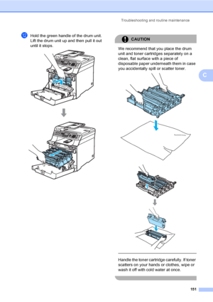 Page 161Troubleshooting and routine maintenance
151
C
lHold the green handle of the drum unit. 
Lift the drum unit up and then pull it out 
until it stops.
 
CAUTION 
We recommend that you place the drum 
unit and toner cartridges separately on a 
clean, flat surface with a piece of 
disposable paper underneath them in case 
you accidentally spill or scatter toner.
 
 
 
 
Handle the toner cartridge carefully. If toner 
scatters on your hands or clothes, wipe or 
wash it off with cold water at once.
 
 