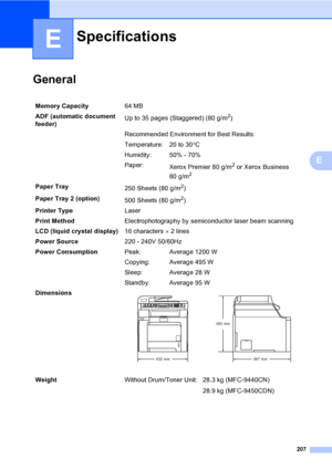 Page 217207
E
E
GeneralE
SpecificationsE
Memory Capacity64 MB 
ADF (automatic document 
feeder)Up to 35 pages (Staggered) (80 g/m
2)
Recommended Environment for Best Results:
Temperature: 20 to 30°C
Humidity: 50% - 70%
Paper:
Xerox Premier 80 g/m
2 or Xerox Business 
80 g/m
2
Paper Tray
250 Sheets (80 g/m2)
Paper Tray 2 (option)
500 Sheets (80 g/m
2)
Printer TypeLaser
Print MethodElectrophotography by semiconductor laser beam scanning
LCD (liquid crystal display)16 characters × 2 lines
Power Source220 - 240V...