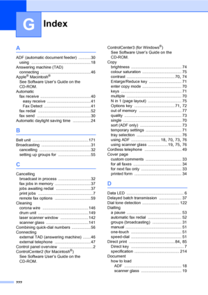 Page 232Index
222
G
A
ADF (automatic document feeder) ...........30
using
 .....................................................18
Answering machine (TAD)
connecting
 .............................................46
Apple® Macintosh®
See Software User’s Guide on the 
CD-ROM.
Automatic
fax receive
 .............................................40
easy receive
 .......................................41
Fax Detect
 ..........................................41
fax redial...