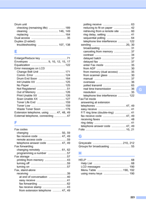 Page 233223
G
Drum unit
checking (remaining life)
 ..................... 189
cleaning
 ..................................... 146, 149
replacing
 ............................................. 164
Dual access
 ............................................. 35
Duplex (2-sided)
troubleshooting
 .......................... 107, 138
E
Enlarge/Reduce key ................................. 71
Envelopes
 ........................ 9, 10, 12, 15, 17
Equalization
 ........................................... 122
Error messages...