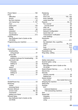 Page 235225
G
Power failure ..........................................190
Print
difficulties
 ............................................104
drivers
 .................................................213
fax from memory
 ................................... 43
Job Cancel key
 .............................. 7, 107
keys
 ........................................................ 7
paper jams
 ..........................................130
quality
 .................................................111
reports...