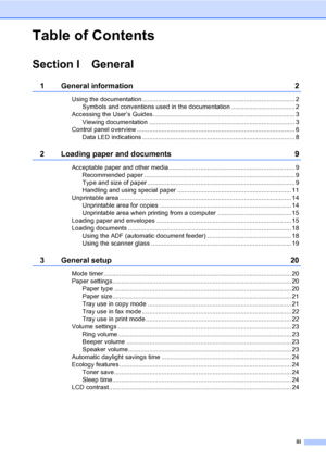 Page 5iii
Table of Contents
Section I General
1 General information 2
Using the documentation ....................................................................................... 2
Symbols and conventions used in the documentation .................................... 2
Accessing the User’s Guides................................................................................. 3
Viewing documentation ................................................................................... 3
Control panel overview...