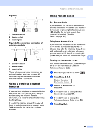 Page 59Telephone and external devices
49
7
Figure 1: 7
1 Extension socket
2 Master socket
3 Incoming line
Figure 2: Recommended connection of 
extension sockets
 7
1 Extension socket
2 Master socket
3 Incoming line
These telephones are now connected as 
external devices as shown on page 48, 
because they are connected to the fax 
machine via the T-connector.
Using a cordless external 
handset7
If your cordless telephone is connected to the 
telephone line cord (see page 48) and you 
typically carry the cordless...