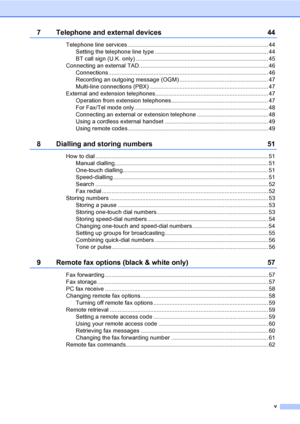 Page 7v
7 Telephone and external devices 44
Telephone line services ....................................................................................... 44
Setting the telephone line type ...................................................................... 44
BT call sign (U.K. only) .................................................................................. 45
Connecting an external TAD................................................................................ 46...