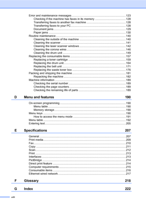 Page 10viii
Error and maintenance messages ..................................................................... 123
Checking if the machine has faxes in its memory ....................................... 128
Transferring faxes to another fax machine ..................................................128
Transferring faxes to your PC...................................................................... 128
Document jams...............................................................................................