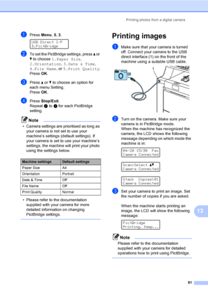 Page 91Printing photos from a digital camera
81
13
aPress Menu, 5, 3. 
USB Direct I/F
3.PictBridge
bTo set the PictBridge settings, press a or 
b to choose 1.Paper Size, 
2.Orientation, 3.Date & Time, 
4.File Name, or 5.Print Quality.
PressOK.
cPress a or b to choose an option for 
each menu Setting.
PressOK.
dPress Stop/Exit.
Repeat b to c for each PictBridge 
setting.
Note
• Camera settings are prioritised as long as 
your camera is not set to use your 
machine’s settings (default settings). If 
your camera...