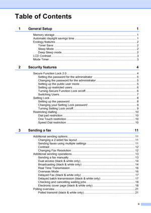 Page 3ii
Table of Contents
1 General Setup 1
Memory storage..................................................................................................... 1
Automatic daylight savings time ............................................................................ 1
Ecology features .................................................................................................... 2
Toner Save ...................................................................................................... 2
Sleep...