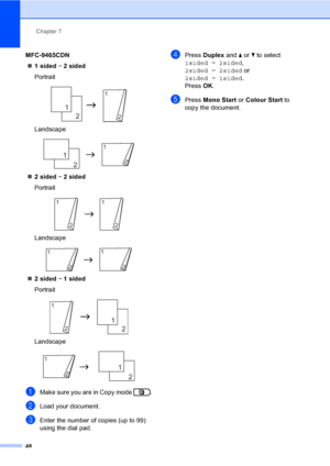 Page 54Chapter 7
48
MFC-9465CDN
1sidedi2sided
Portrait
 
Landscape
 
2sidedi2sided
Portrait
 
Landscape
 
2sidedi1sided
Portrait
 
Landscape
 
aMake sure you are in Copy mode  .
bLoad your document.
cEnter the number of copies (up to 99) 
using the dial pad.
dPress Duplex and aorb to select 
1sidedi2sided, 
2sidedi2sided or 
2sidedi1sided.
Press OK.
ePress Mono Start or Colour Start to 
copy the document.
1
2
11
2
11
21
2
11
2
11
2
11
2
 1
2
1
2
11
2
11
21
2
 