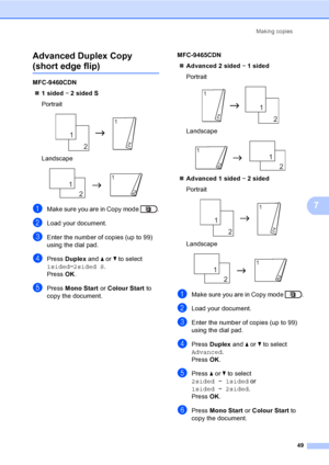 Page 55Making copies
49
7
Advanced Duplex Copy 
(short edge flip)7
MFC-9460CDN
1sidedi2sidedS
Portrait
 
Landscape
 
aMake sure you are in Copy mode  .
bLoad your document.
cEnter the number of copies (up to 99) 
using the dial pad.
dPress Duplex and aorb to select 
1sidedi2sided S.
Press OK.
ePress Mono Start or Colour Start to 
copy the document.MFC-9465CDN
Advanced 2 sidedi1sided
Portrait
 
Landscape
 
Advanced 1 sidedi2sided
Portrait
 
Landscape
 
aMake sure you are in Copy mode  .
bLoad your document....