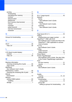 Page 7468
sending .................................................11
broadcasting
 ......................................14
cancelling from memory
 .....................18
contrast
 ..............................................12
delayed batch
 .....................................17
delayed fax
 .........................................17
from memory (dual access)
 ...............14
manual
 ...............................................13
overseas
 ............................................16
polled...