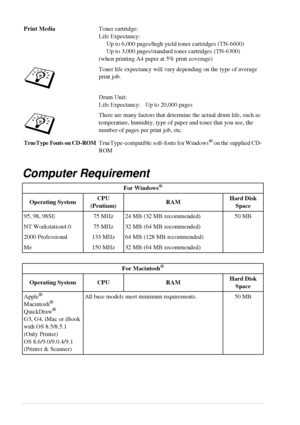 Page 10498   Chapter 12
Computer Requirement 
Print MediaToner cartridge:
Life Expectancy:
     Up to 6,000 pages/high yield toner cartridges (TN-6600)
     Up to 3,000 pages/standard toner cartridges (TN-6300)
(when printing A4 paper at 5% print coverage)
Toner life expectancy will vary depending on the type of average 
print job.
Drum Unit:
Life Expectancy: Up to 20,000 pages
There are many factors that determine the actual drum life, such as 
temperature, humidity, type of paper and toner that you use, the...