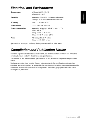 Page 105APPENDIX
   Specifications   99
Electrical and Environment
Specifications are subject to change for improvement without prior notice.
Compilation and Publication Notice
Under the supervision of Brother Industries Ltd., this manual has been complied and published, 
covering the latest product’s descriptions and specifications.
The contents of this manual and the specifications of this product are subject to change without 
notice.
Brother reserves the right to make changes without notice in the...