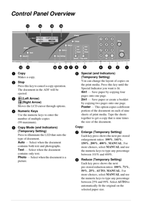 Page 126
Control Panel Overview
123710
13
651211
141516
498
1Copy
Makes a copy.
2Stop
Press this key to cancel a copy operation. 
The document in the ADF will be 
ejected.
3(Left Arrow)
(Right Arrow)
Moves the LCD cursor through options. 
4Numeric Keys
Use the numeric keys to enter the 
number of multiple copies 
(99 maximum).
5Copy Mode (and Indicators) 
(Temporary Setting)
Press to illuminate the LED that suits the 
type of document.
Auto — Select when the document 
contains both text and photographs.
Text —...