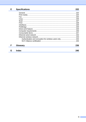 Page 11ix
E Specifications 222
General .............................................................................................................. 222
Print media......................................................................................................... 224
Fax..................................................................................................................... 225
Copy...