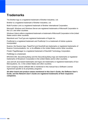 Page 118106
TrademarksA
The Brother logo is a registered trademark of Brother Industries, Ltd.
Brother is a registered trademark of Brother Industries, Ltd.
Multi-Function Link is a registered trademark of Brother International Corporation.
Microsoft, Windows and Windows Server are registered trademarks of Microsoft Corporation in 
the U.S. and other countries.
Windows Vista is either a registered trademark or trademark of Microsoft Corporation in the United 
States and/or other countries.
Macintosh and TrueType...